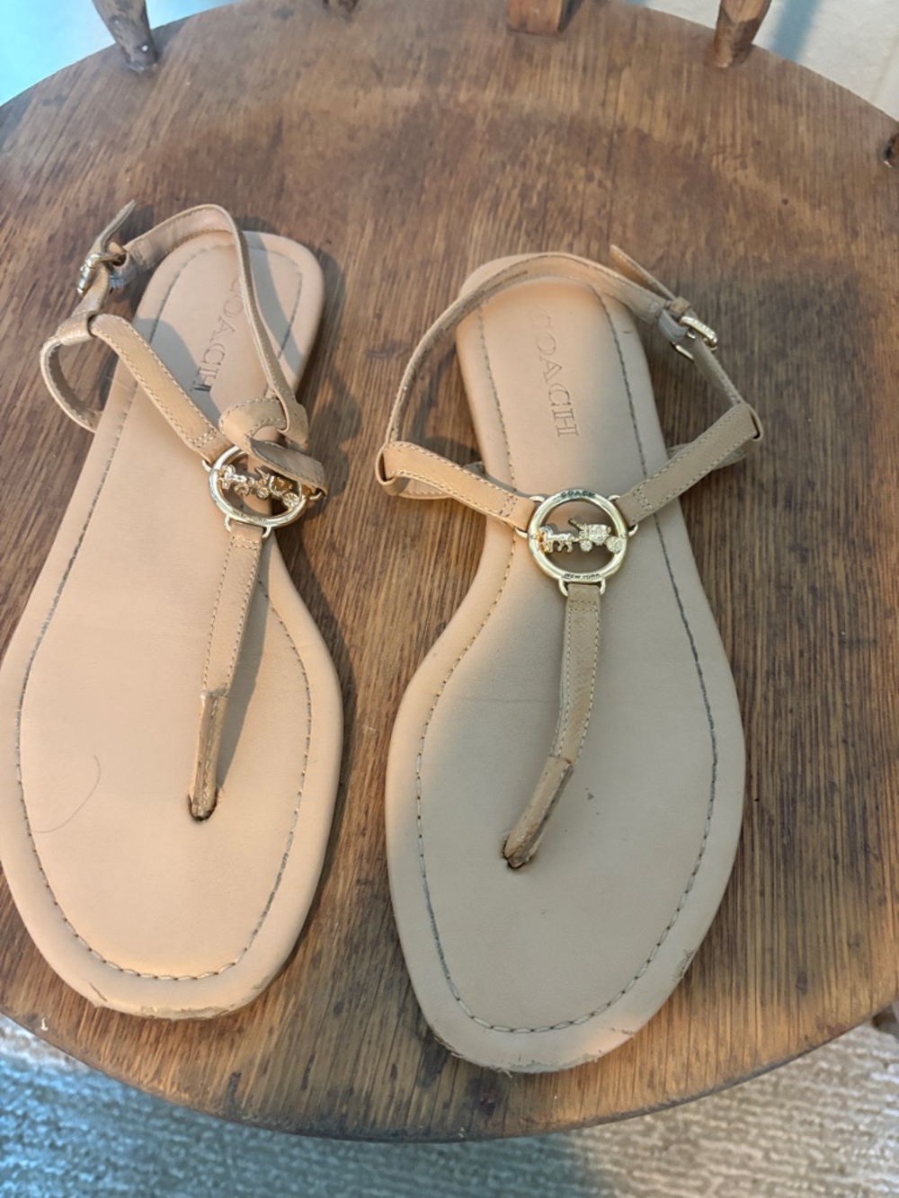 Coach Beige/Tan Leather T-Strap Sandals with Gold Logo Accent